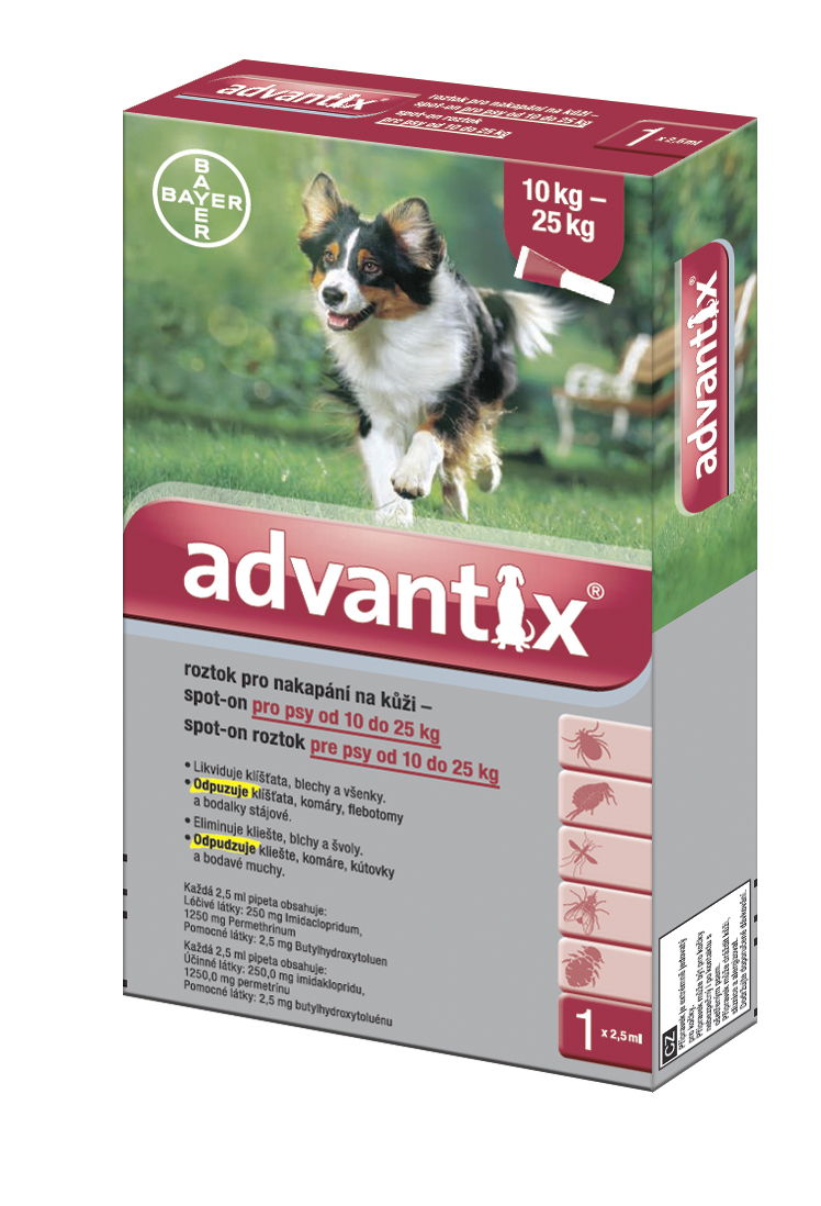 Pipety pro psy Advantix mají repelentní účinek (ODPUZUJÍ A ZABRAŇUJÍCÍ SÁNÍ) proti komárům, bodavým mouchám a flebotomům a navíc, což je velmi důležité, mají opět repelentní, ale zároveň i usmrcující účinek proti klíšťatům.