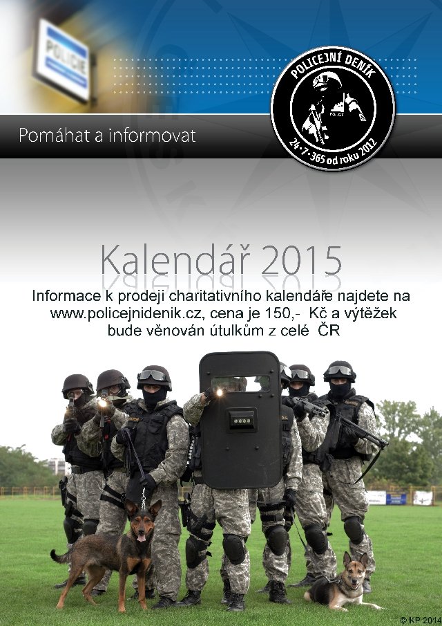 Charitativní kalendář pro rok 2015, který zachycuje různé složky pražské policie se zvířaty z útulků.